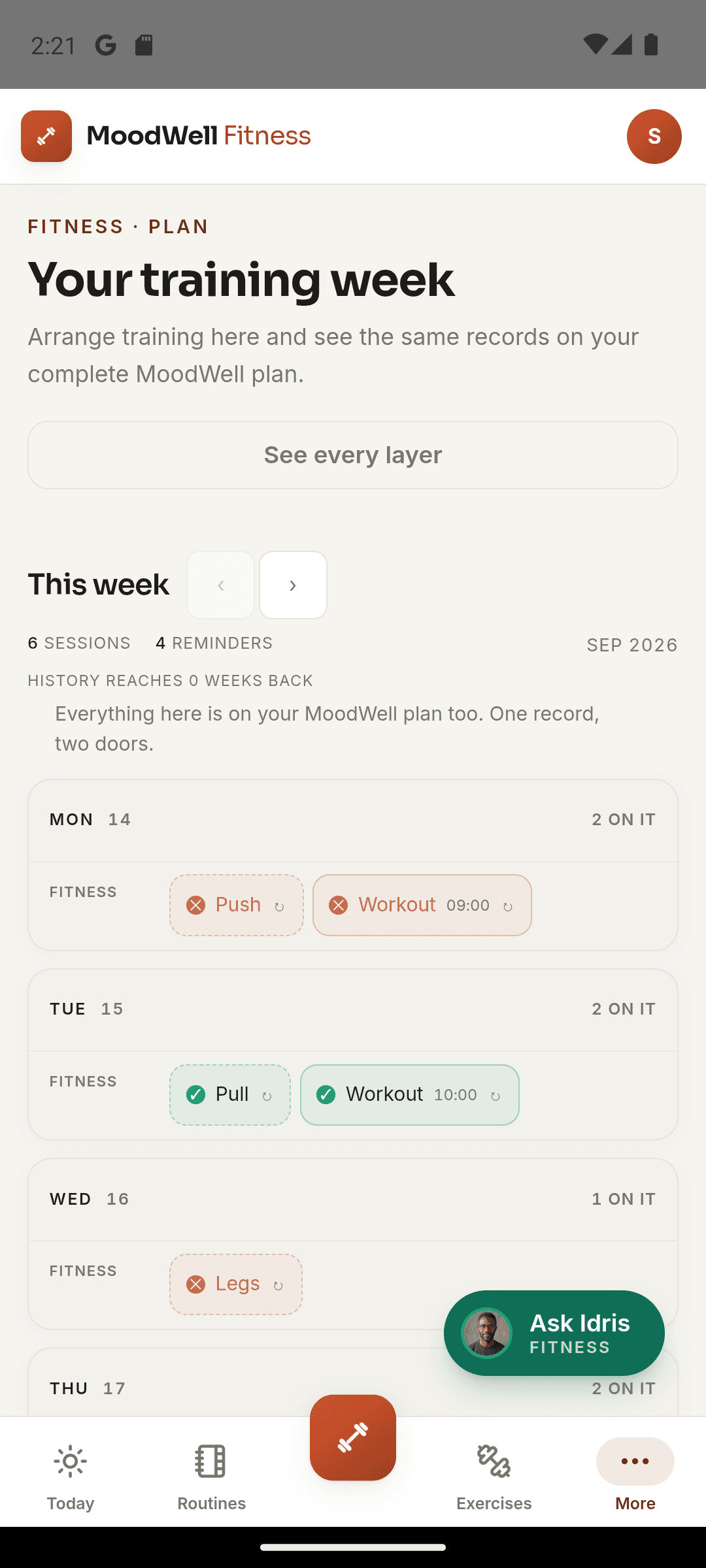 Moodwell training week with scheduled routines and completed workouts.