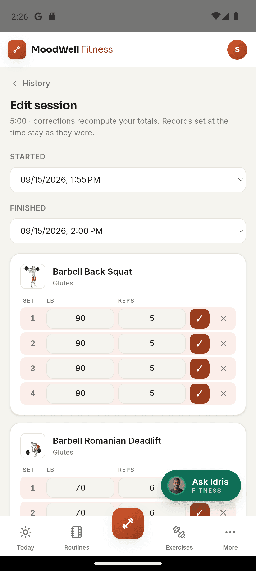 A recorded Moodwell workout with exercises, completed sets, weights, and reps.