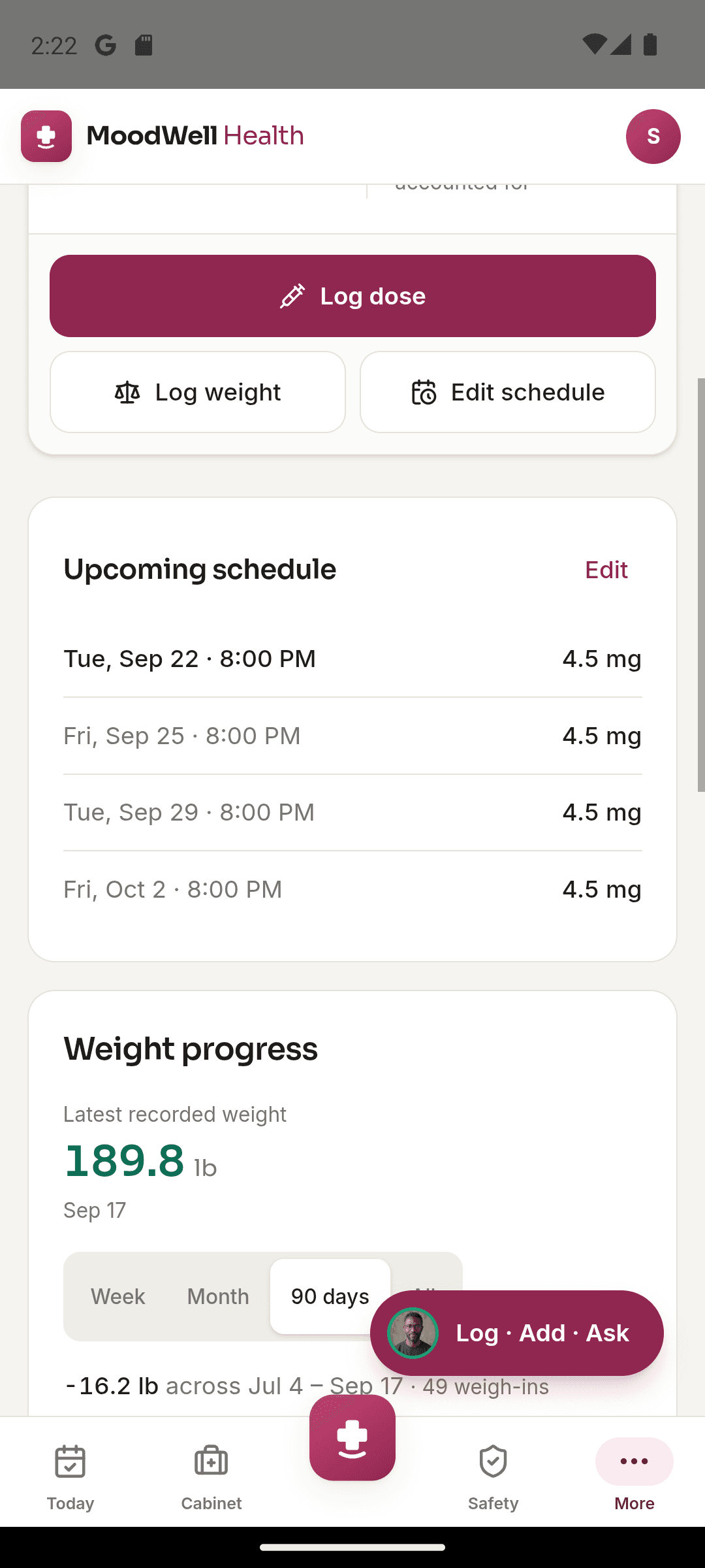 Moodwell GLP-1 tracker showing the upcoming schedule and recorded weight progress.