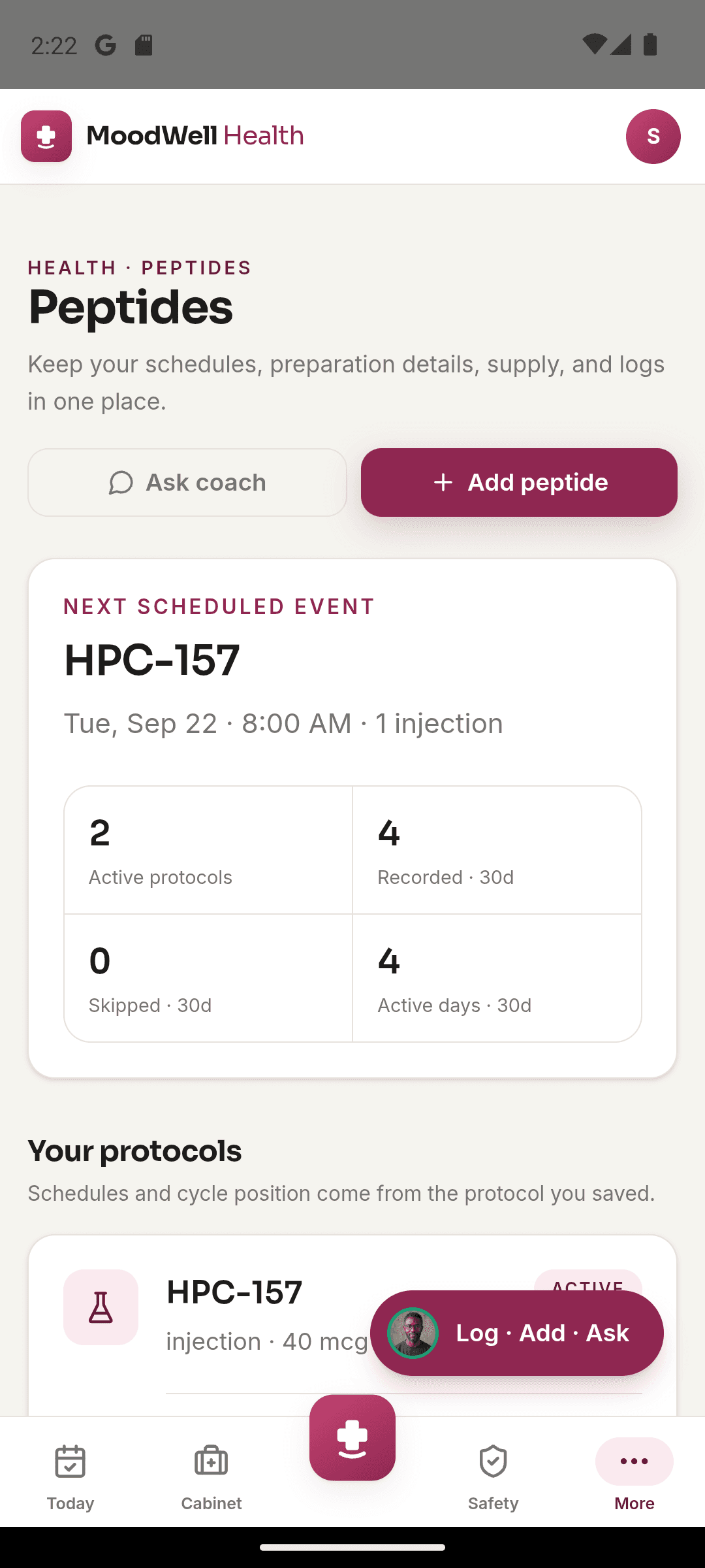 Moodwell peptide tracker with the next scheduled event and saved protocol.