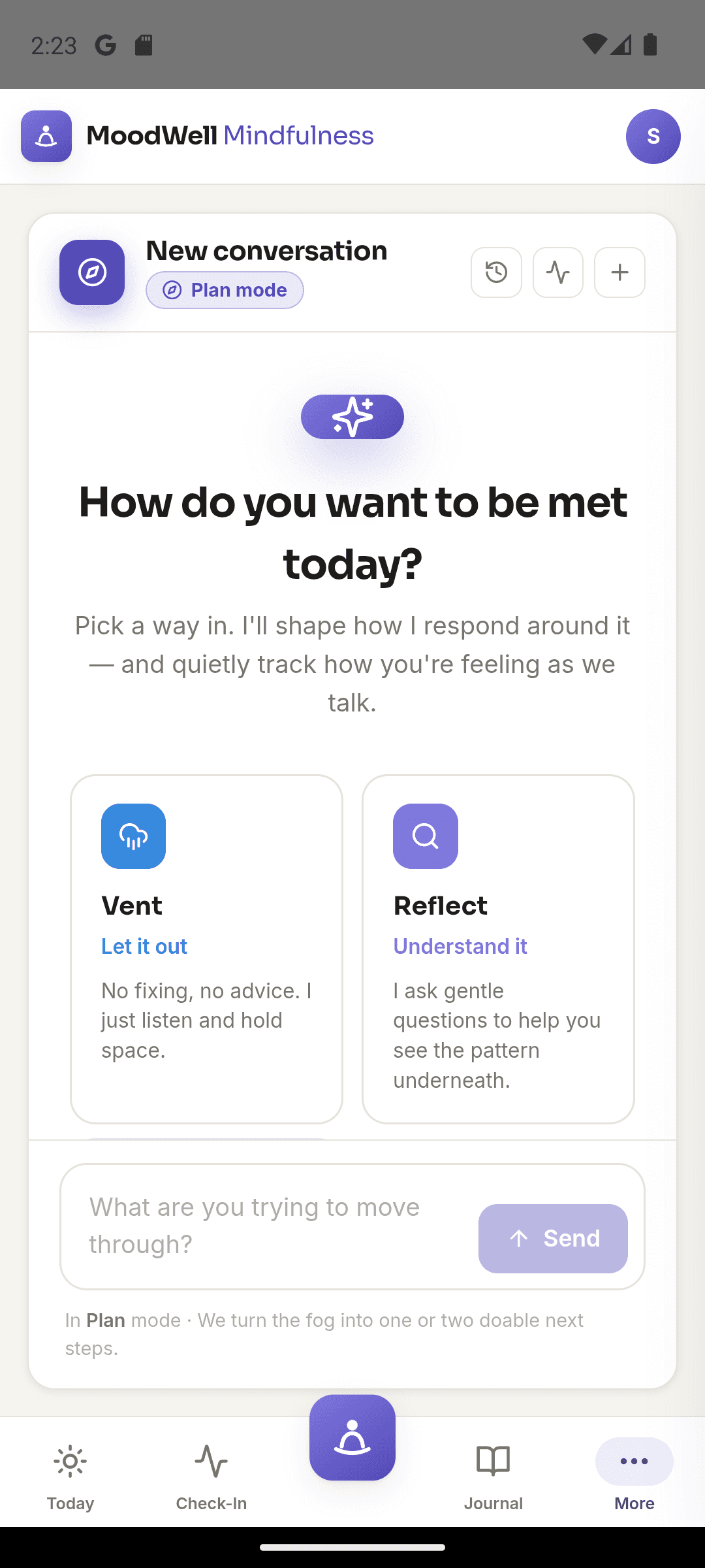 Moodwell guided conversation with Vent and Reflect options.