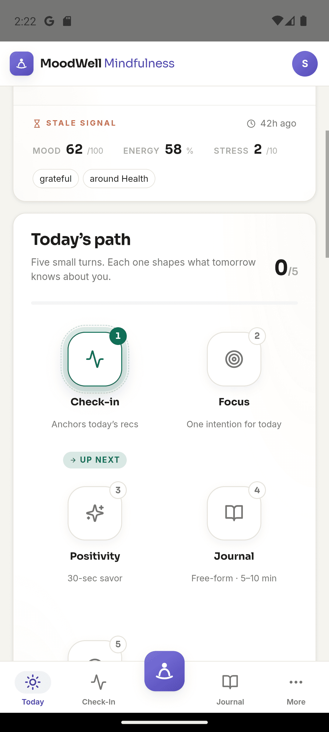 Moodwell Mindfulness Today with mood context and shortcuts to check-ins, focus, and journaling.