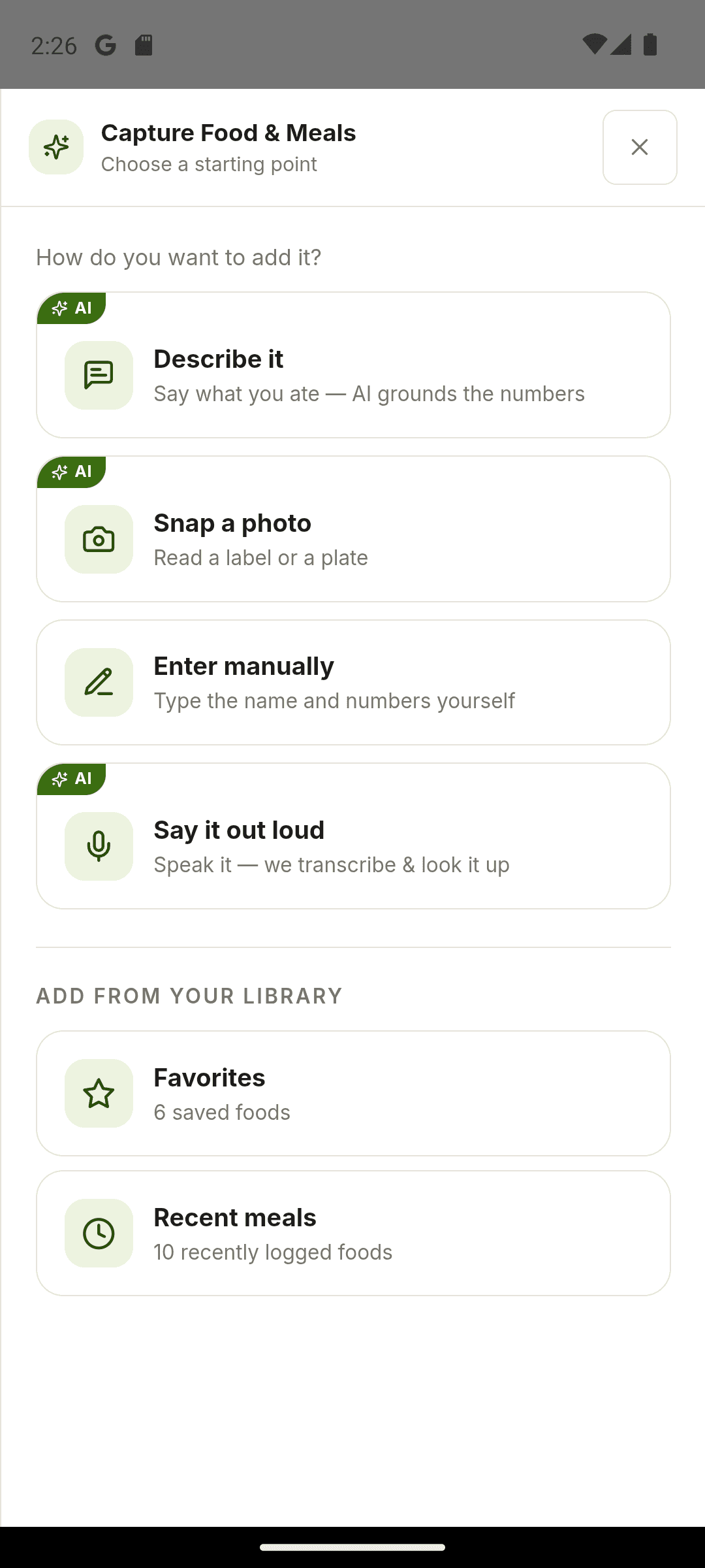 Moodwell food capture with supported ways to enter a meal.