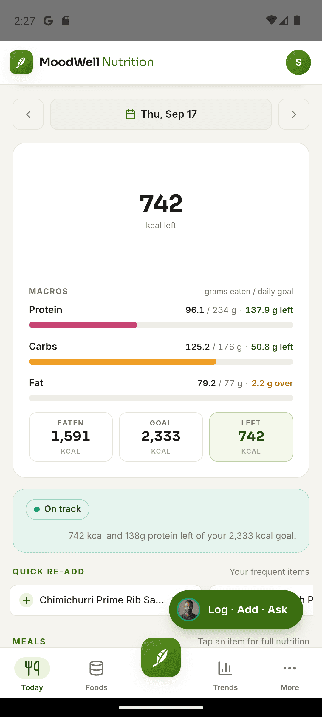 Moodwell food diary for September 17 showing recorded calories, macros, and meals.