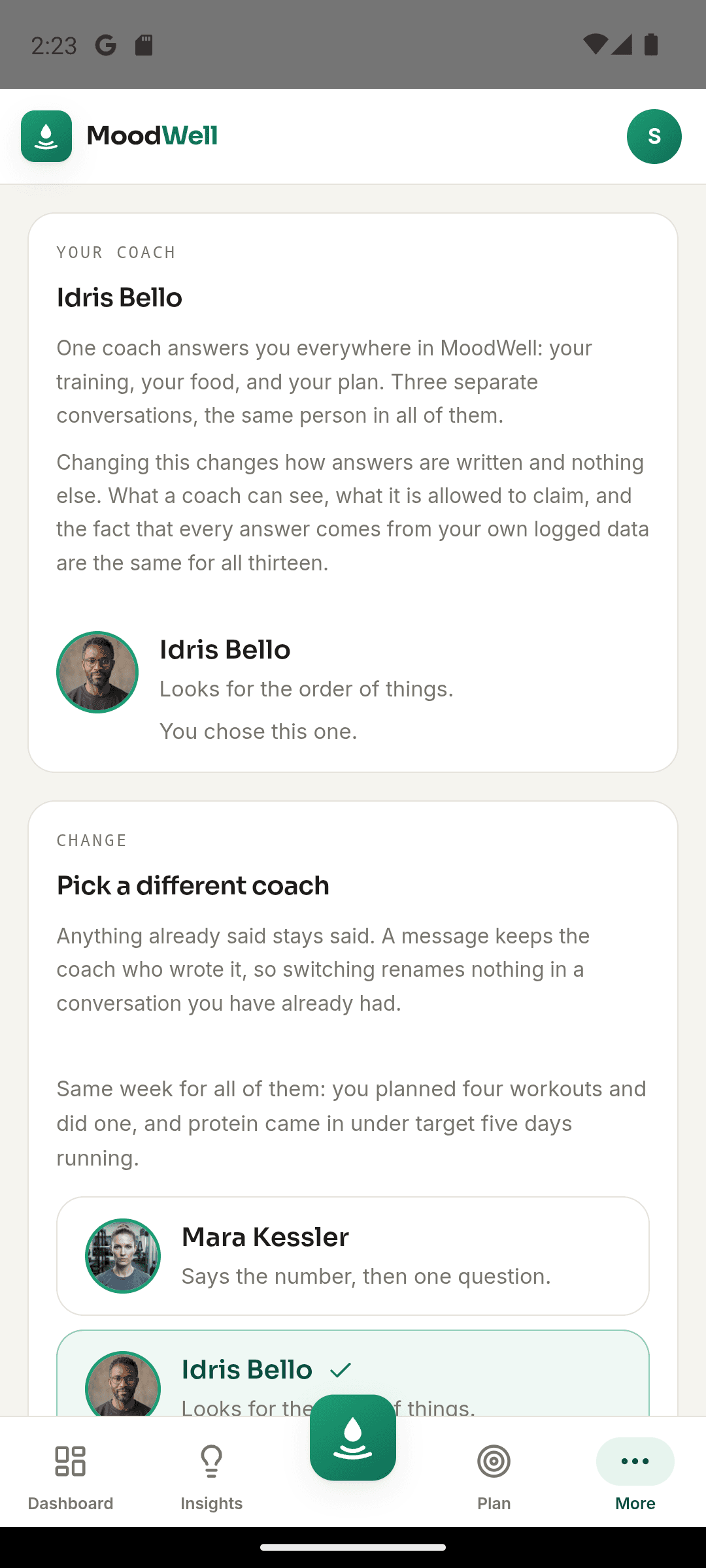 Moodwell coach settings with the selected coach and available coaching personalities.