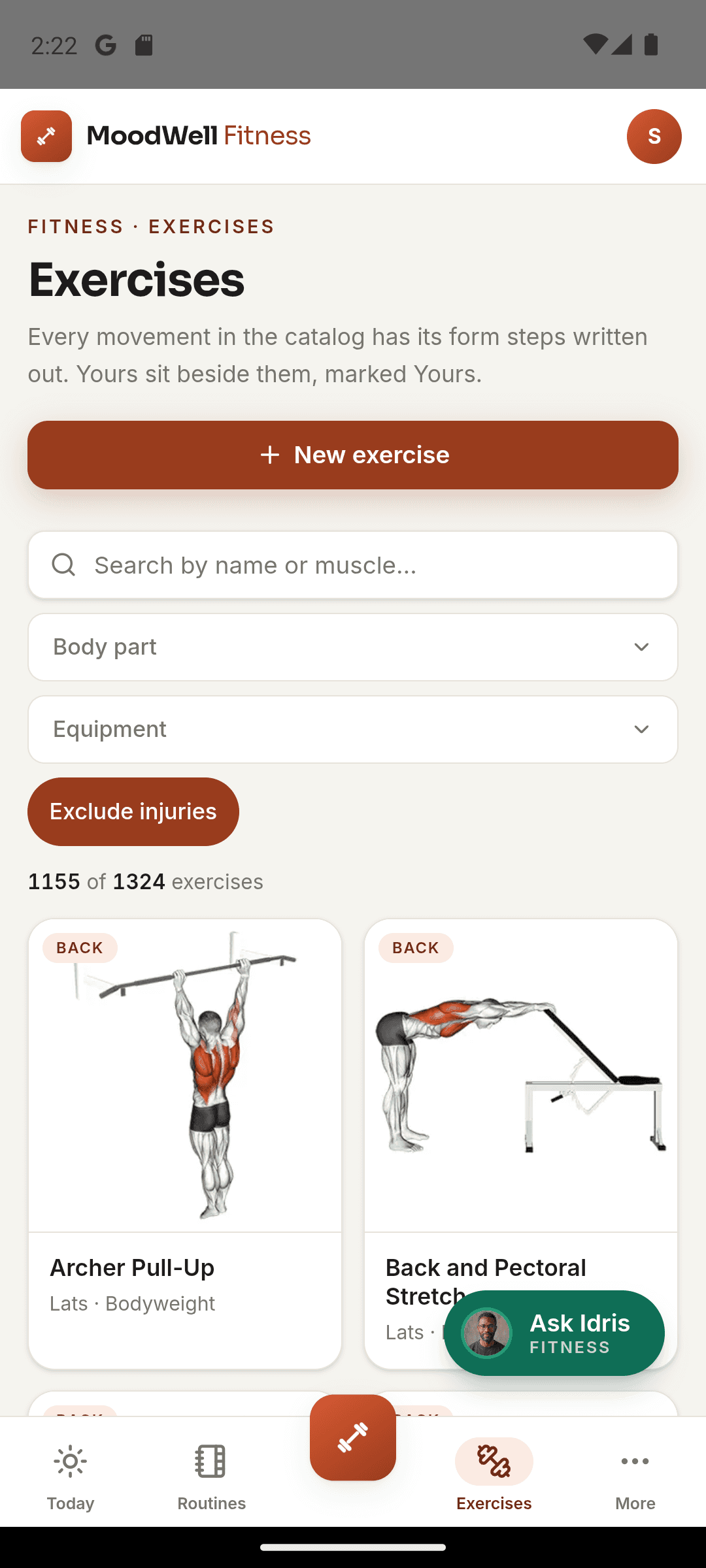 Moodwell exercise library with movement illustrations, search, and equipment filters.