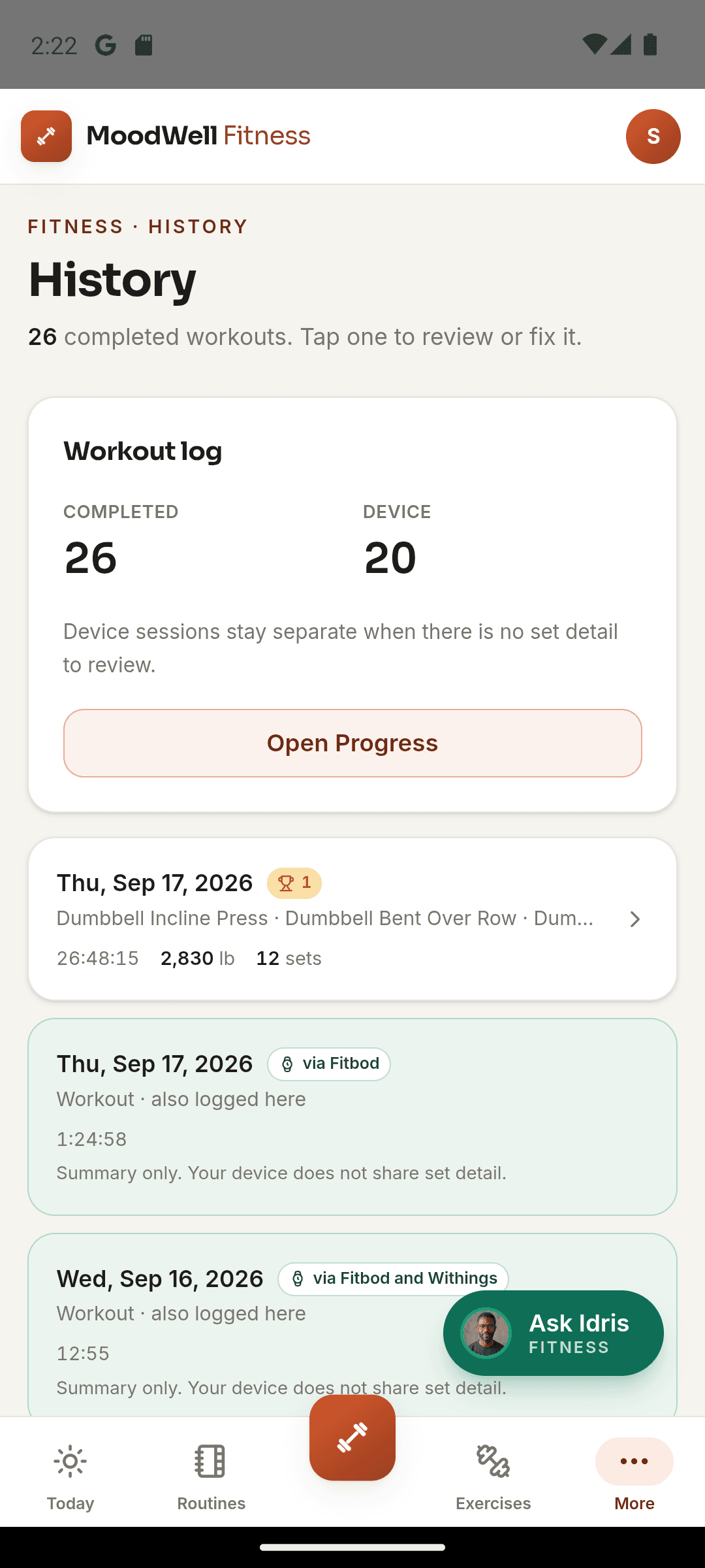 Moodwell workout history with completed sessions and workout totals.