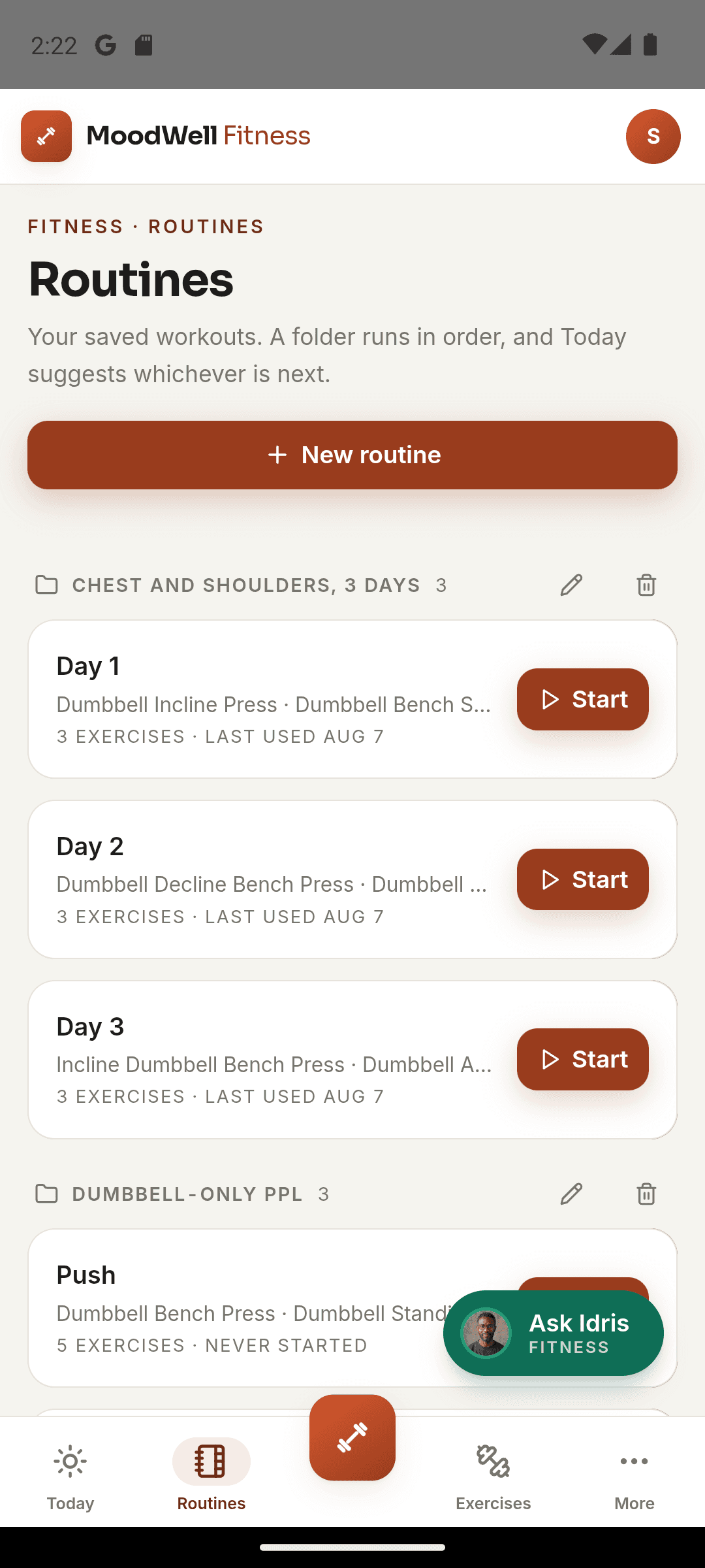 Saved Moodwell workout routines with their exercises and start controls.