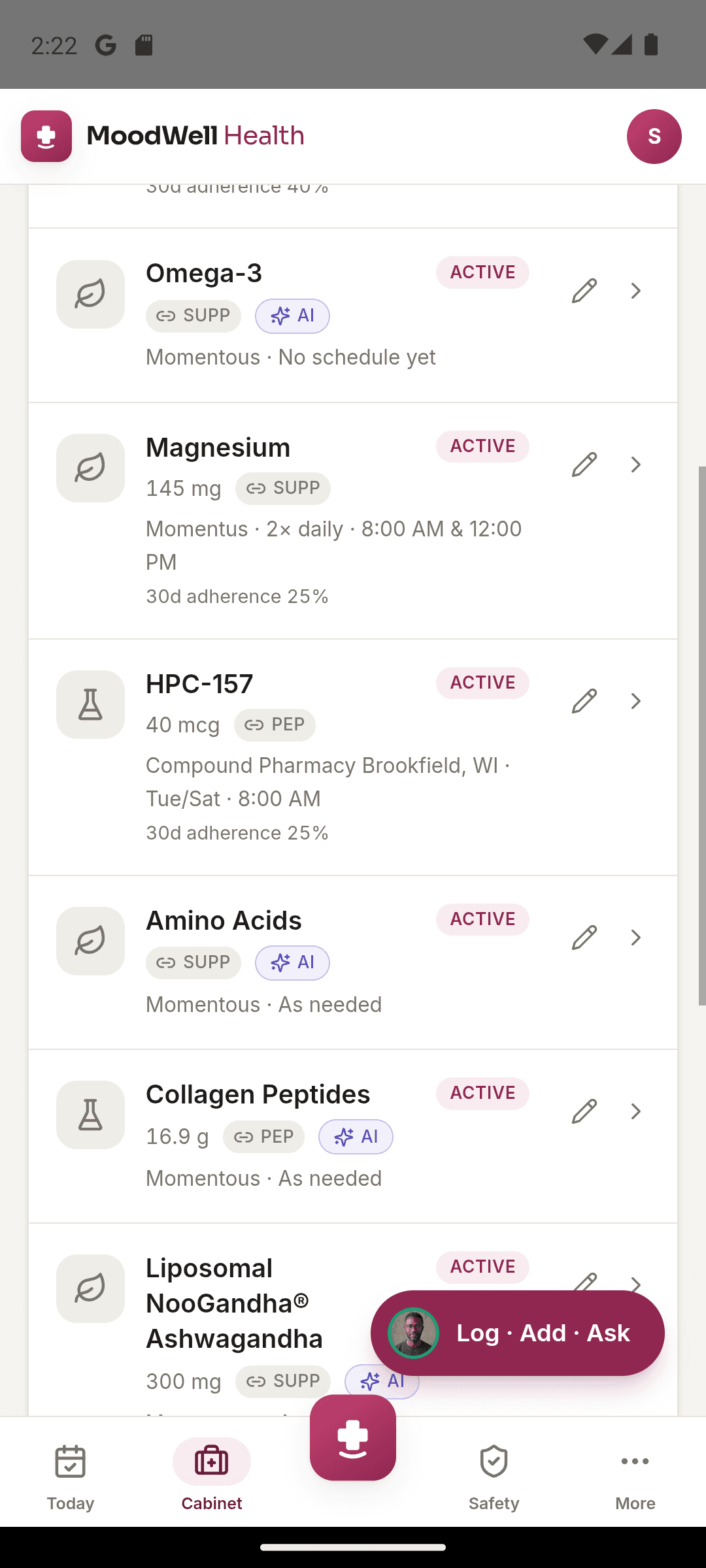 Moodwell health cabinet with supplements, amounts, and saved schedules.