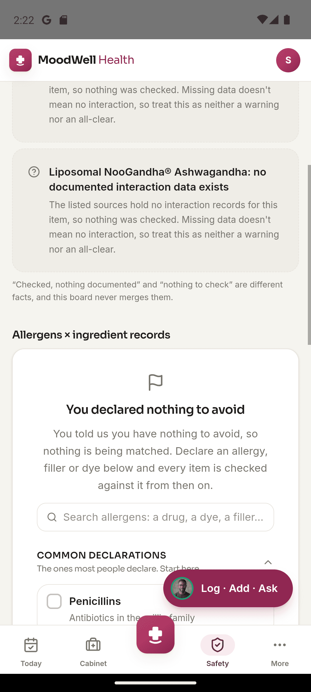 Moodwell safety review explaining missing source coverage and declared allergens.