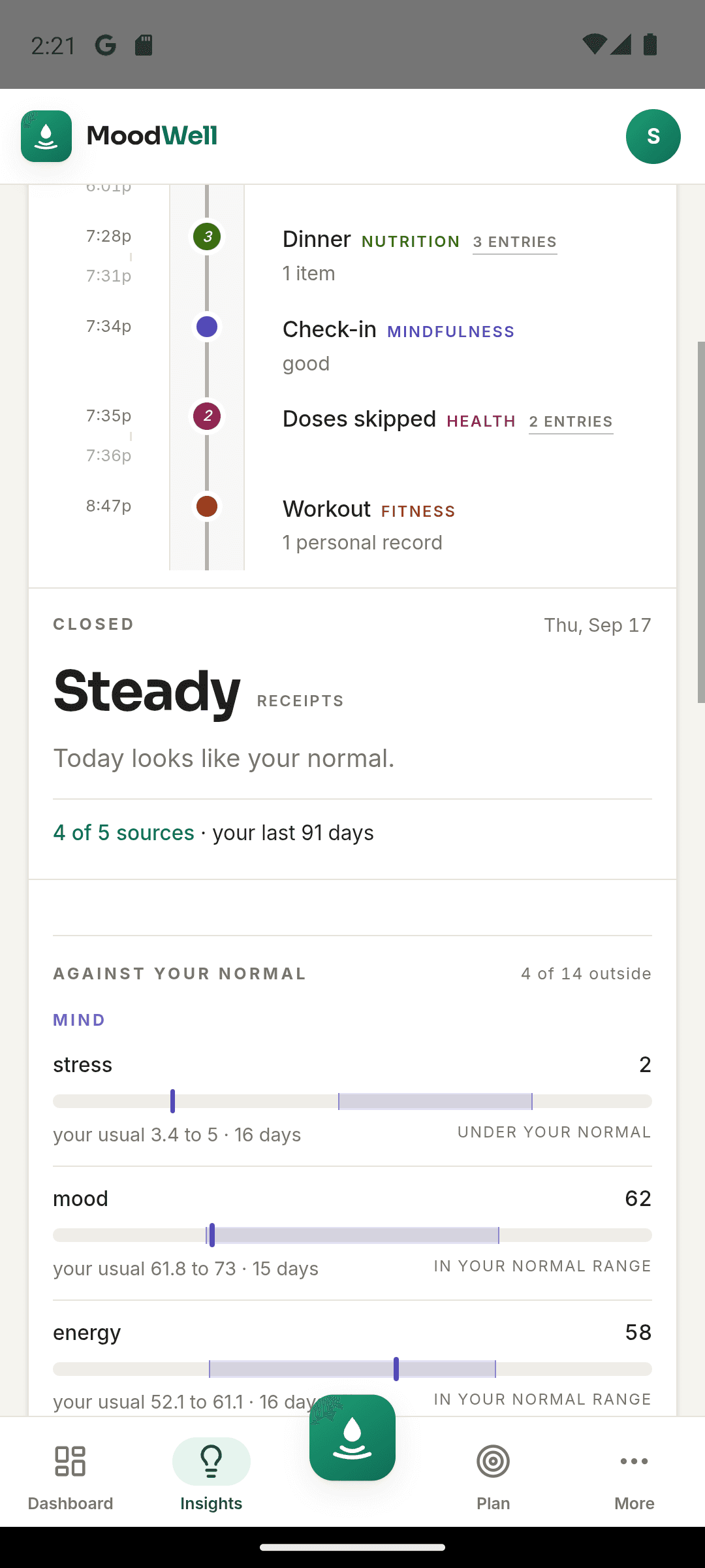 Moodwell daily summary with recorded activity, energy, and nutrition totals.