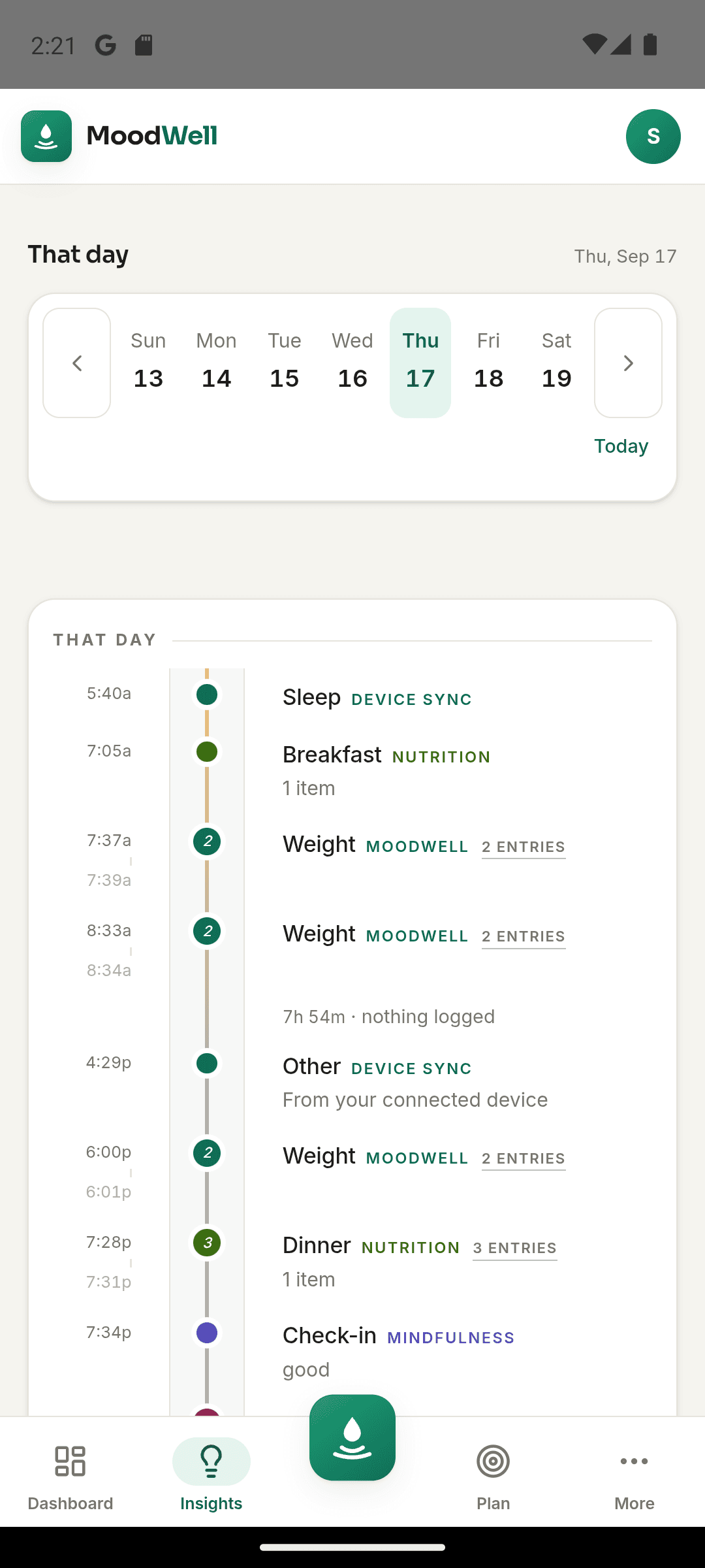 Moodwell daily insights for September 17, with recorded activity and a day summary.