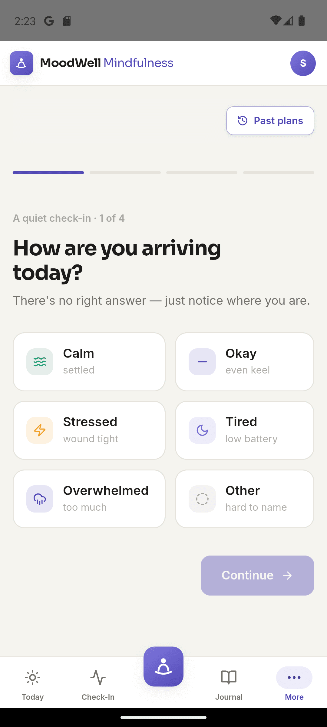 Moodwell Daily Focus check-in with options for how you are arriving today.
