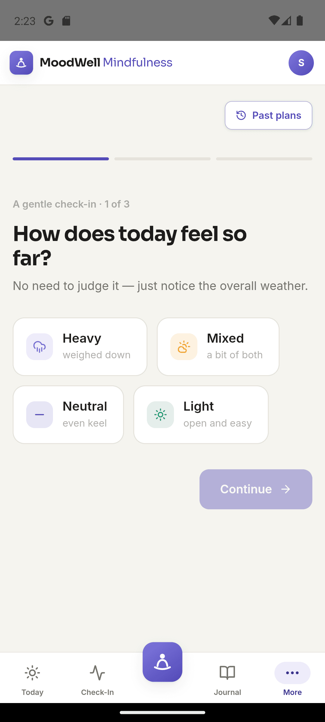 Moodwell Daily Positivity check-in asking how the day feels so far.