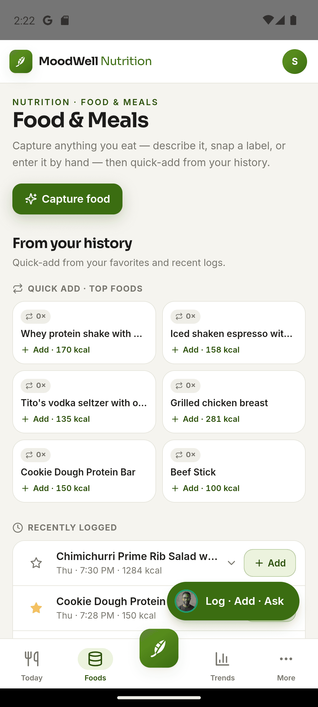 Moodwell food and meal library with recent foods and reusable favorites.