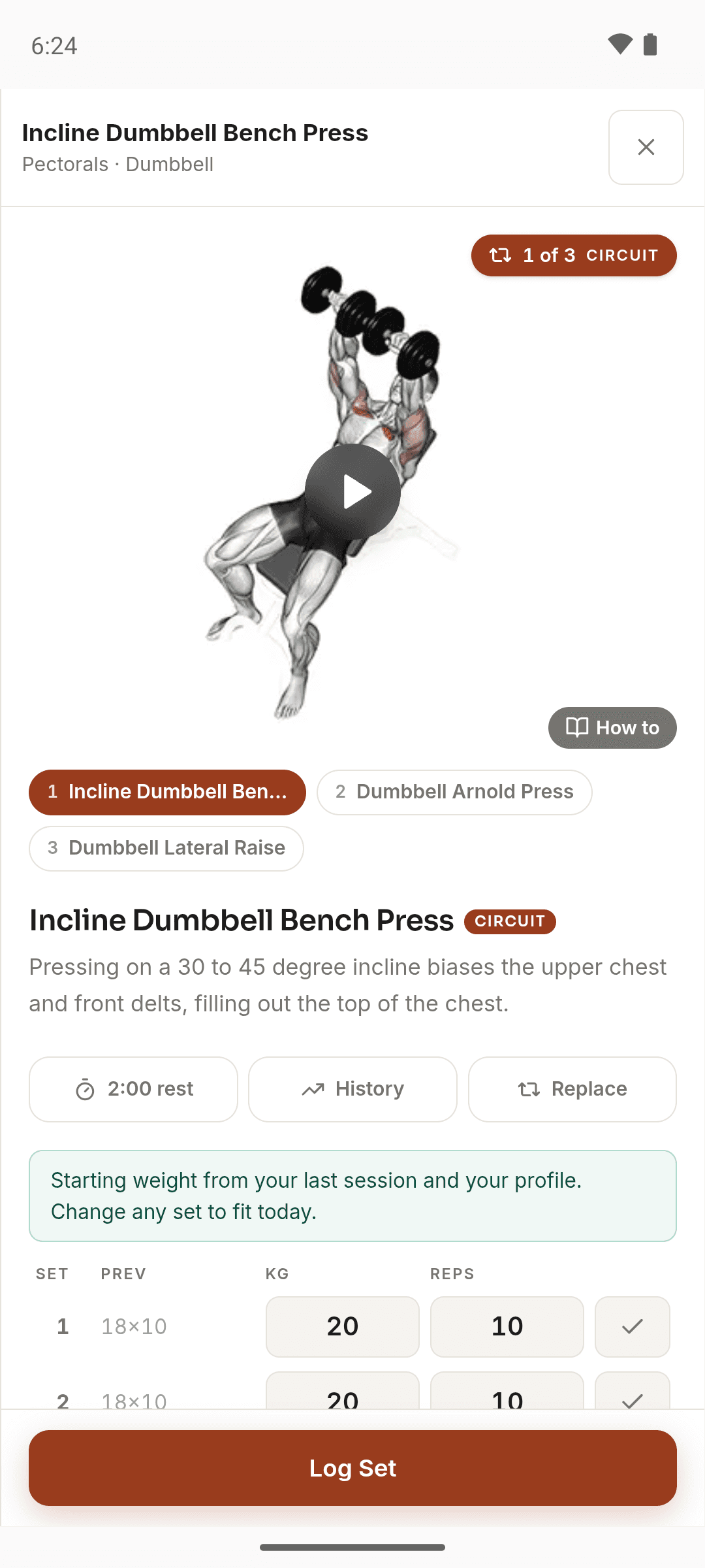 The Moodwell workout logger on the first of three circuit movements, with last session’s sets beside today’s starting weight.