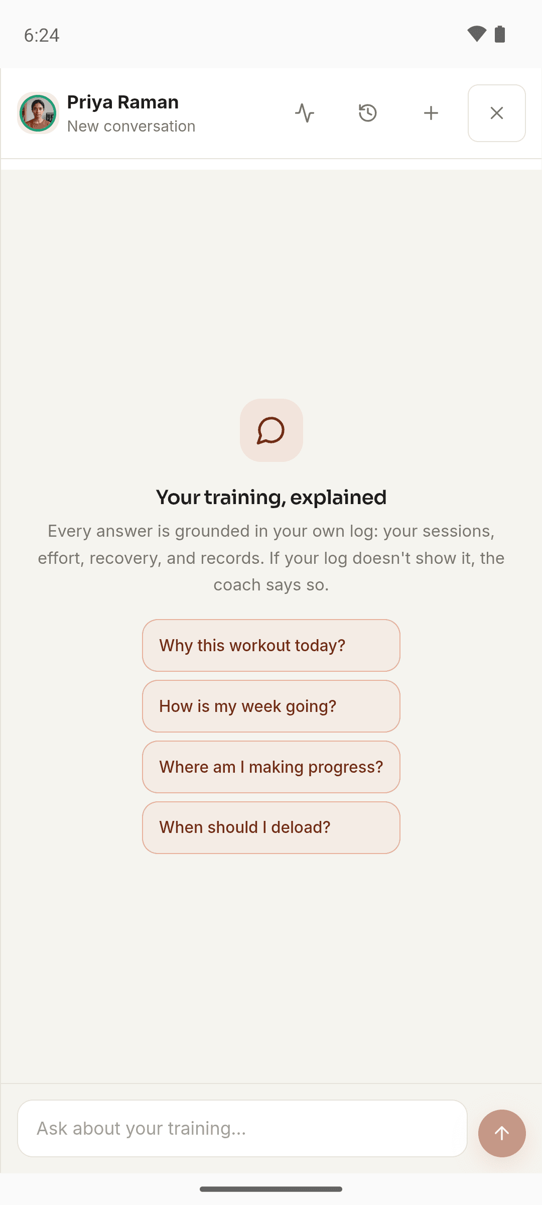 A new conversation with the Moodwell Fitness coach, with suggested questions to start.
