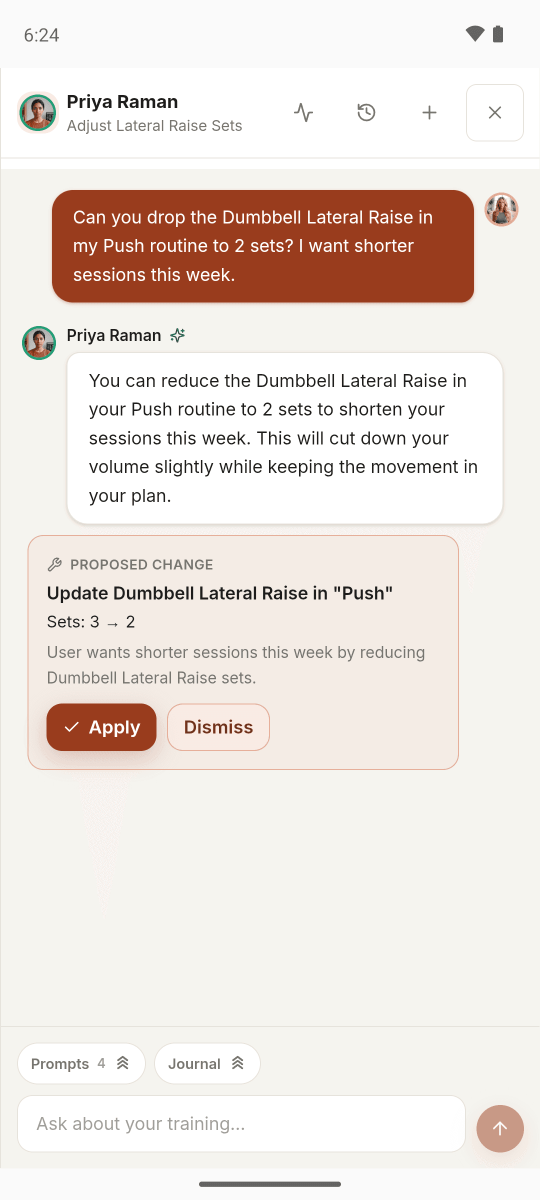 The Moodwell Fitness coach proposing a routine change, with Apply and Dismiss buttons.