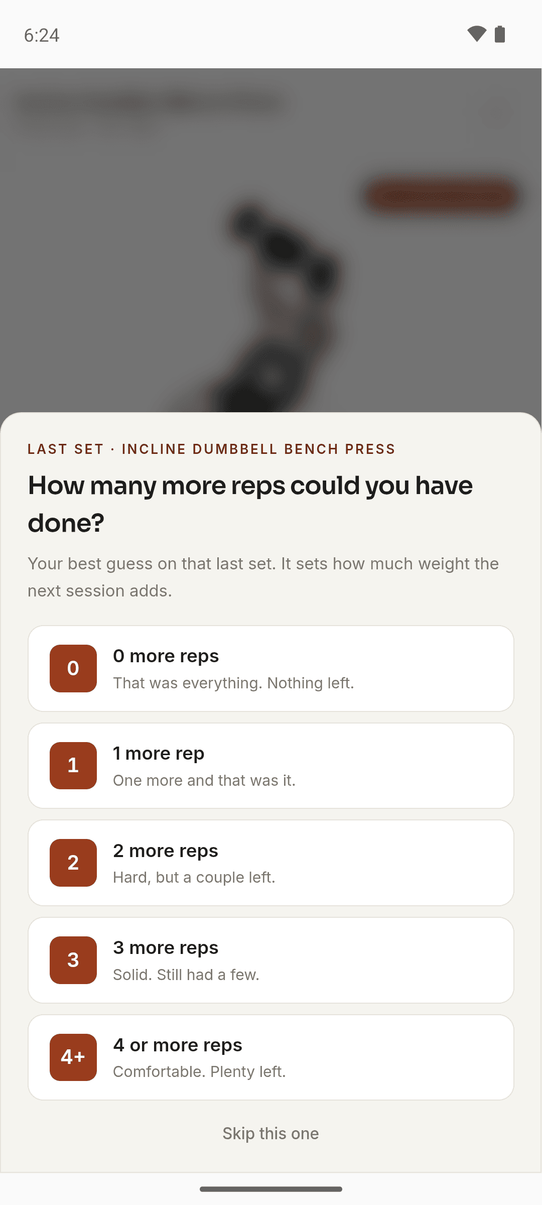 Moodwell asking how many more reps could have been done on the last set, with answers from 0 to 4 or more.