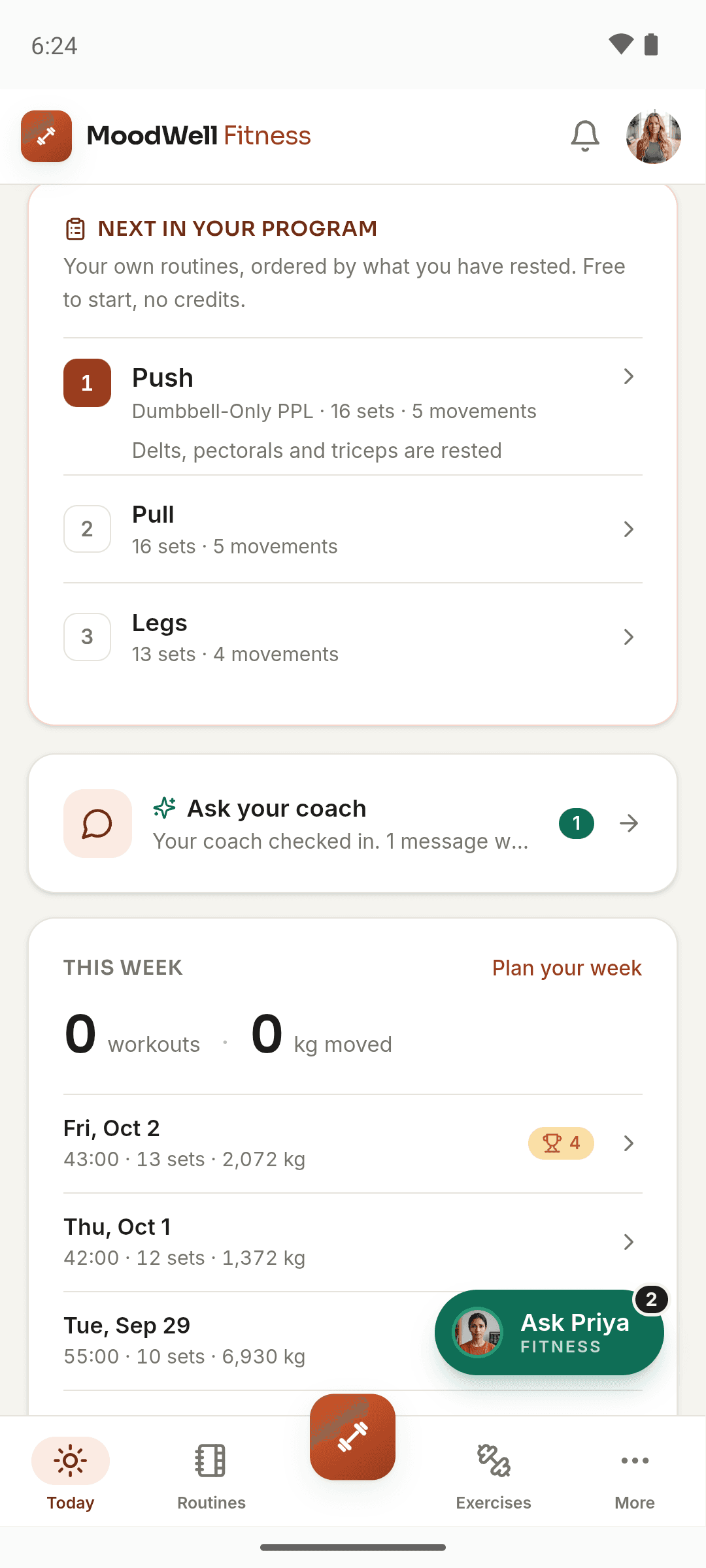 Moodwell Fitness Today showing Next in your program: Push, then Pull, then Legs, with an Ask your coach card below.