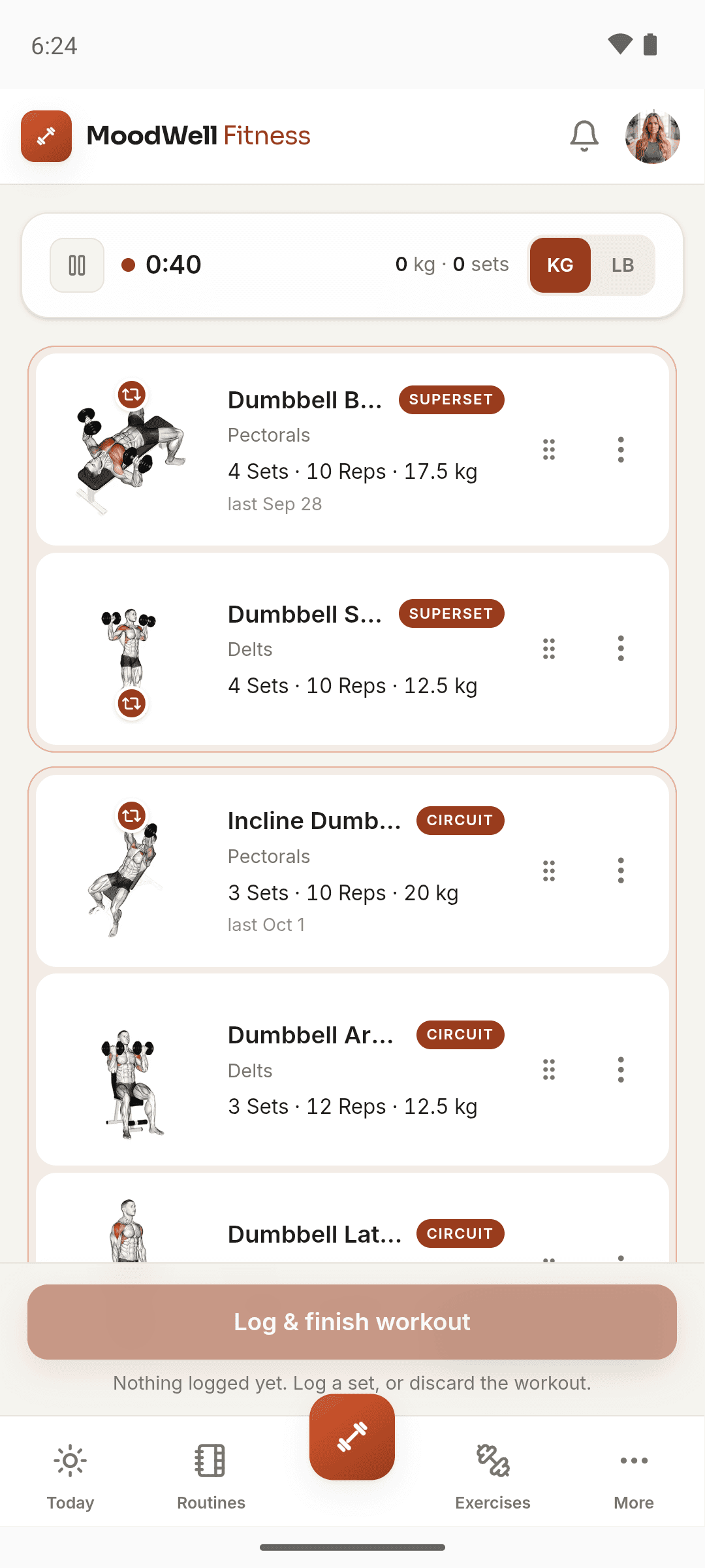 A Moodwell workout with two movements marked Superset and three marked Circuit.